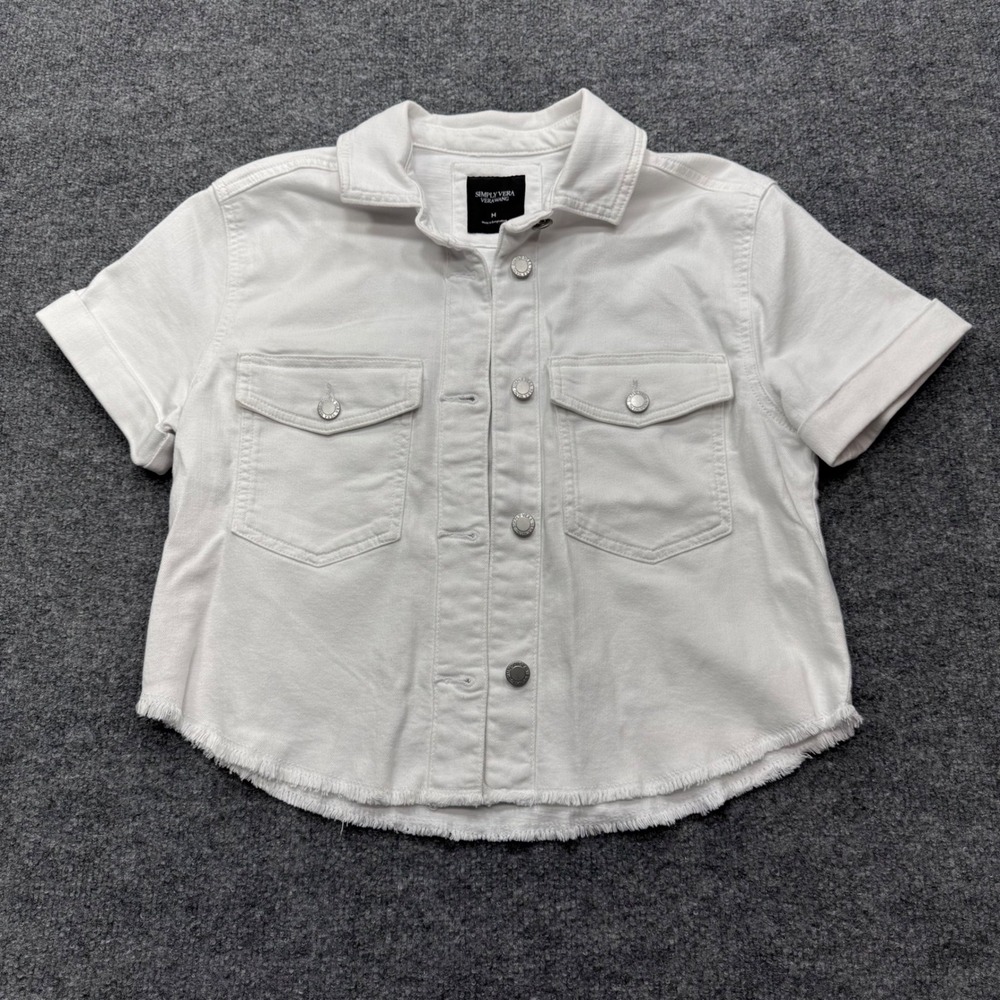 Simply Vera Vera Wang White Short Sleeve Cropped Denim Jacket M Frayed Hem